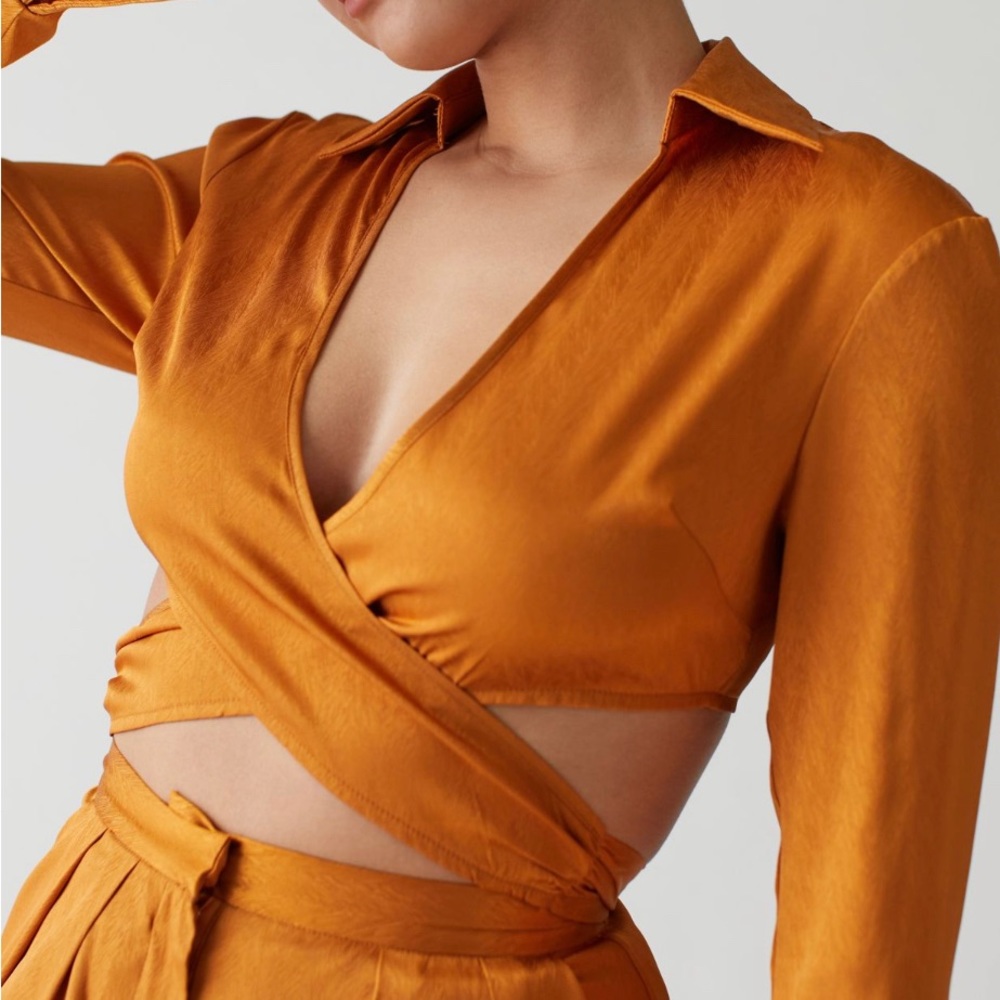 Urban Outfitters Rare London Satin Jacquard Wrap Top Pant Set
